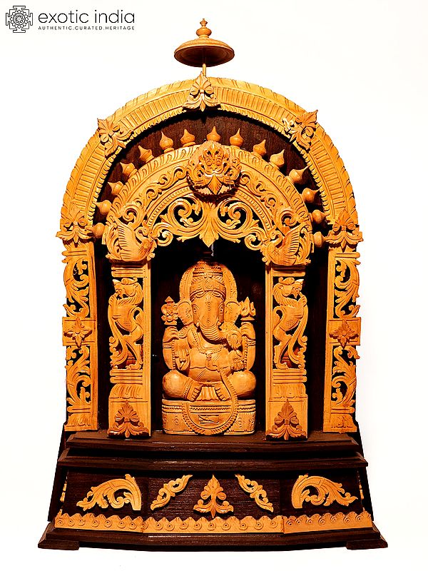 17" Chaturbhuja Lord Ganesha Seated on Kirtimukha Throne | Sandalwood Carved Statue