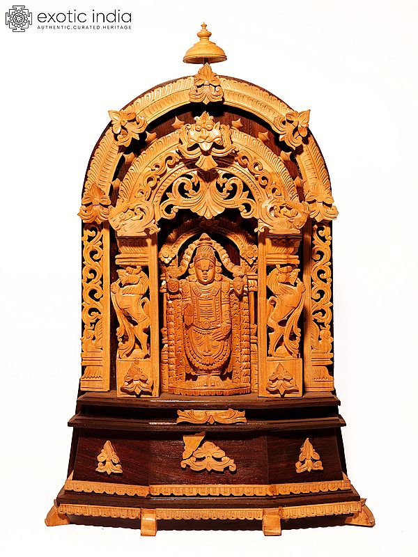 14" Standing Lord Tirupati Balaji (Venkateshvara) on Kirtimukha Throne | Sandalwood Carved Statue