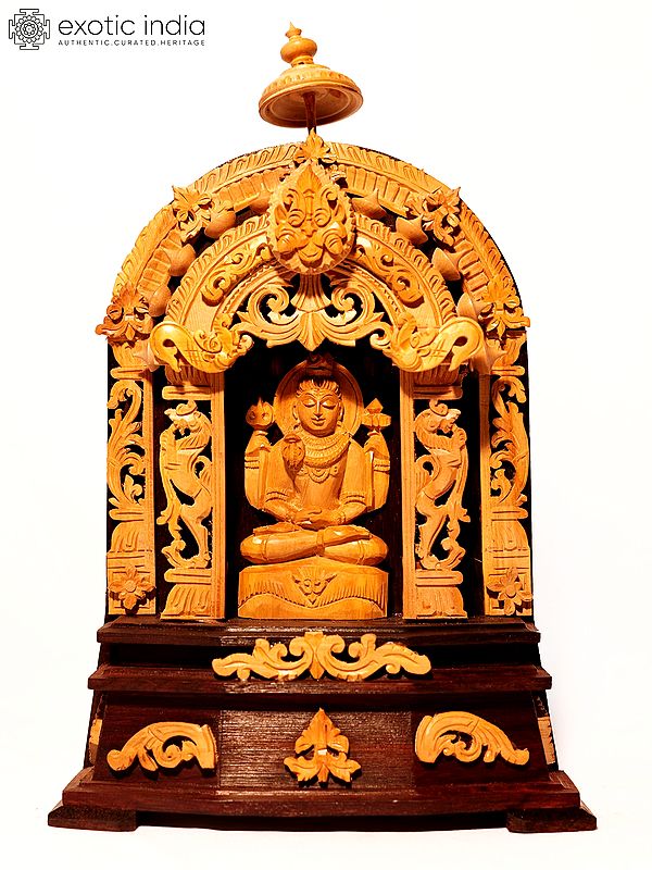 10" Lord Shiva Seated in Dhyana Mudra with Kirtimukha Arch | Sandalwood Carved Statue