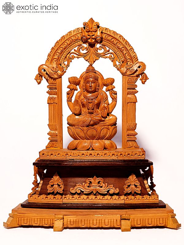 9" Blessing Goddess Lakshmi Seated on Lotus with Kirtimukha Prabhavali | Sandalwood Carved Statue