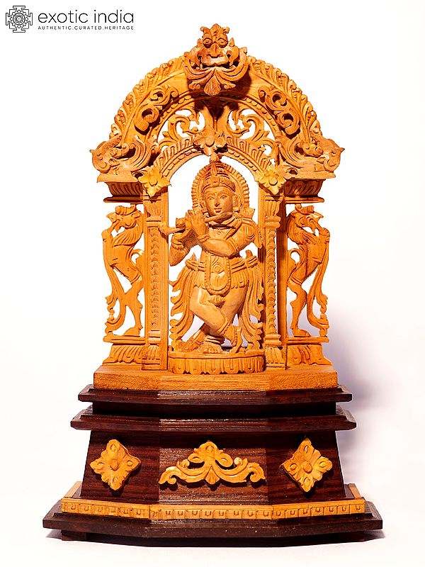 10" Murlidhar Krishna with Kirtimukha Arch | Sandalwood Carved Statue