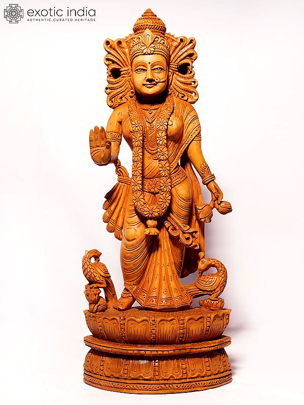 12" Standing Goddess Lakshmi in Blessing Gesture | Sandalwood Carved Statue