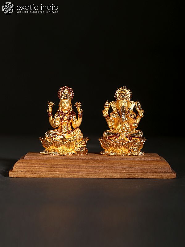 4" Small Blessing Lakshmi Ganesh on Wood Base | 24 Karat Gold Coated Copper