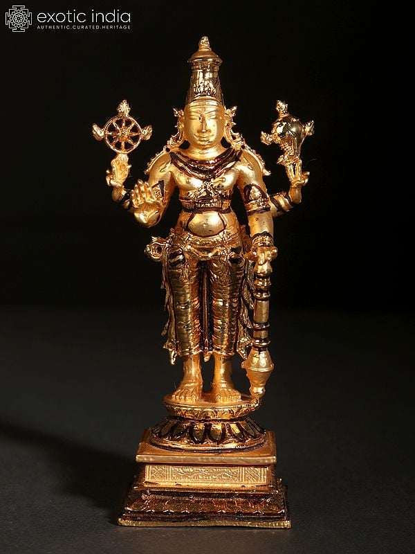 5" Four-Armed Standing Lord Vishnu Copper Statue | 24 Karat Gold Coated Copper