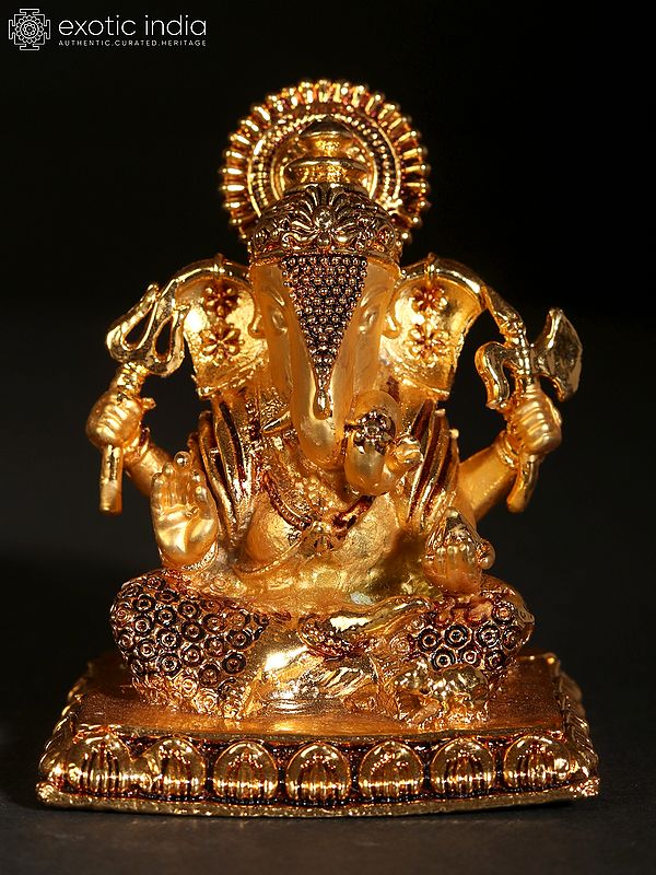 2" Small Size Chaturbhuja Ganesha Copper Statue | 24 Karat Gold Coated