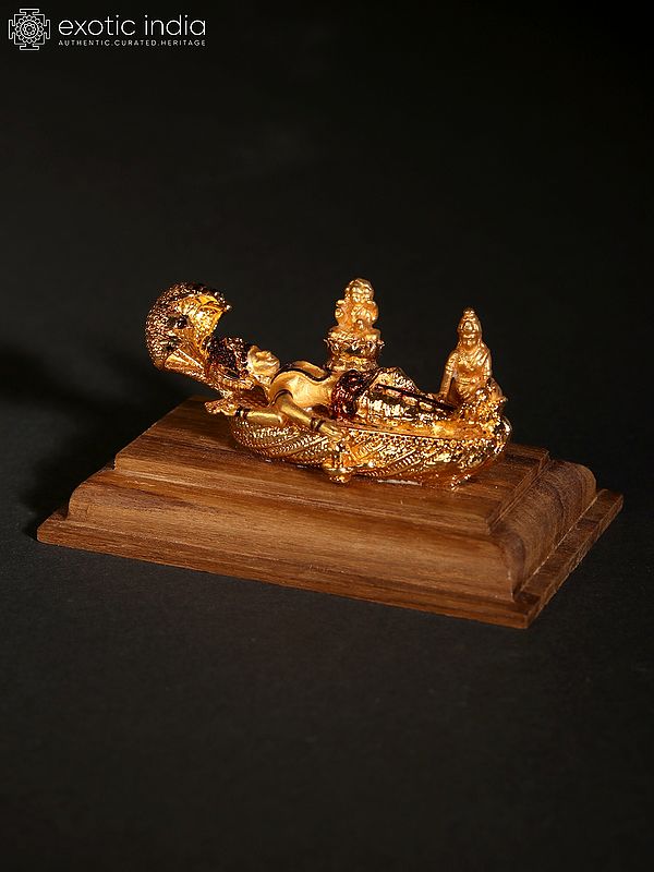 3" Small Ranganatha Swamy (Sheshashayi Vishnu) on Wood Base | 24 Karat Gold Coated Copper