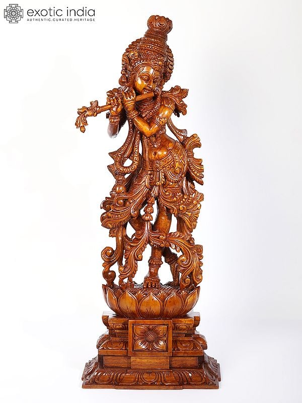 26" Wood Carved Lord Krishna Standing on Lotus Playing Flute | Teakwood Statue