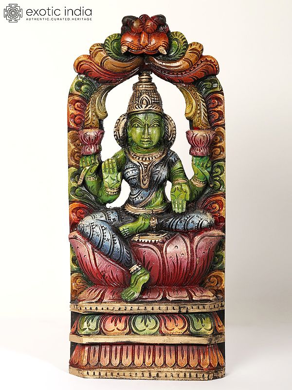 18" Goddess Lakshmi Seated on Lotus | Wood Statue Plus Wall Hanging
