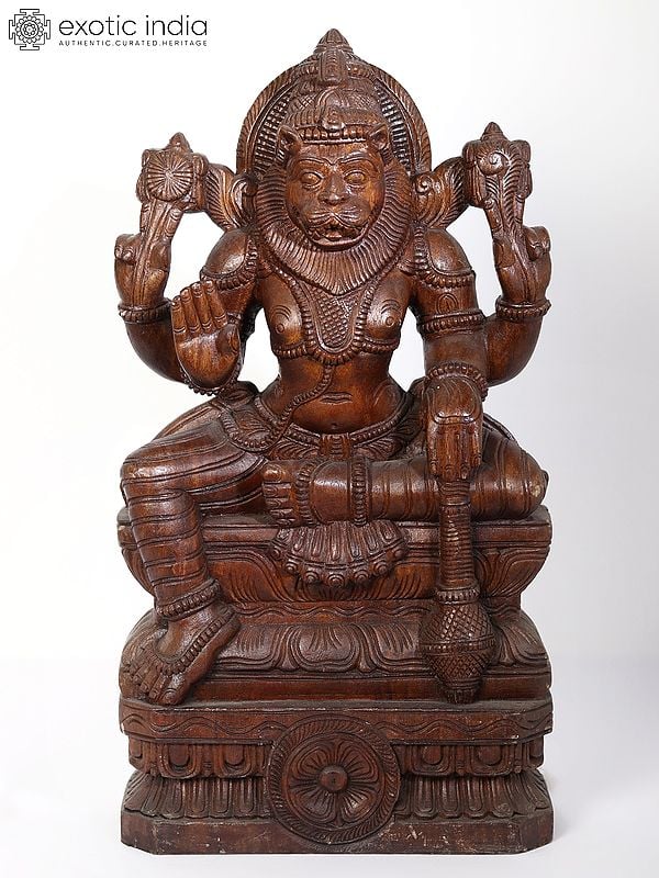 24" Lord Narasimha - The Fourth Incarnation of Lord Vishnu | Wood Carved Statue