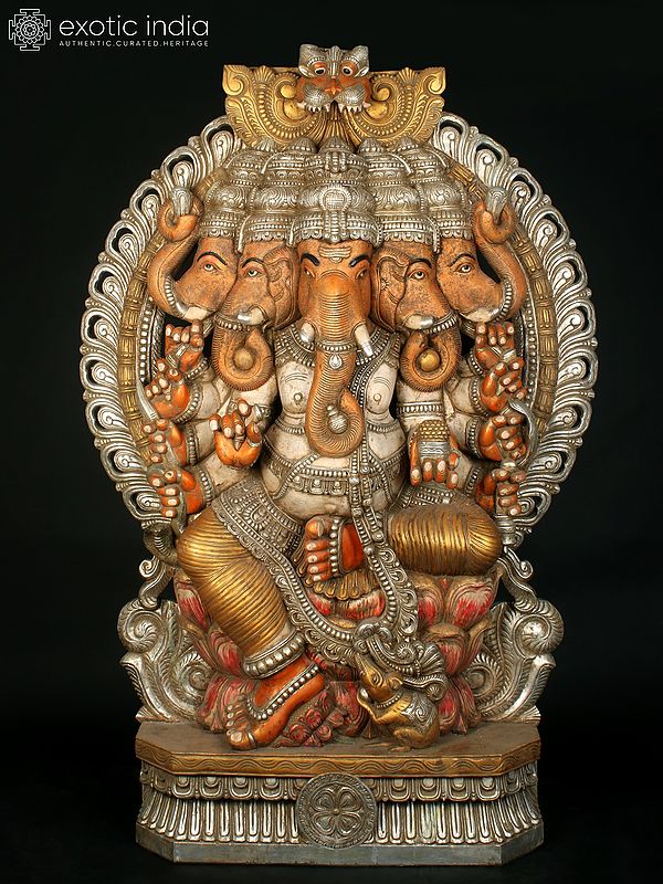 72" Super Large Ten Armed Panchamukhi Ganesha Seated on Kirtimukha Throne | Wood Carved Statue