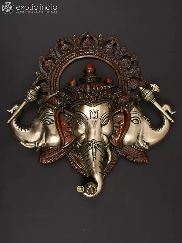 17" Three Headed Ganesha Face Wall Hanging in Brass