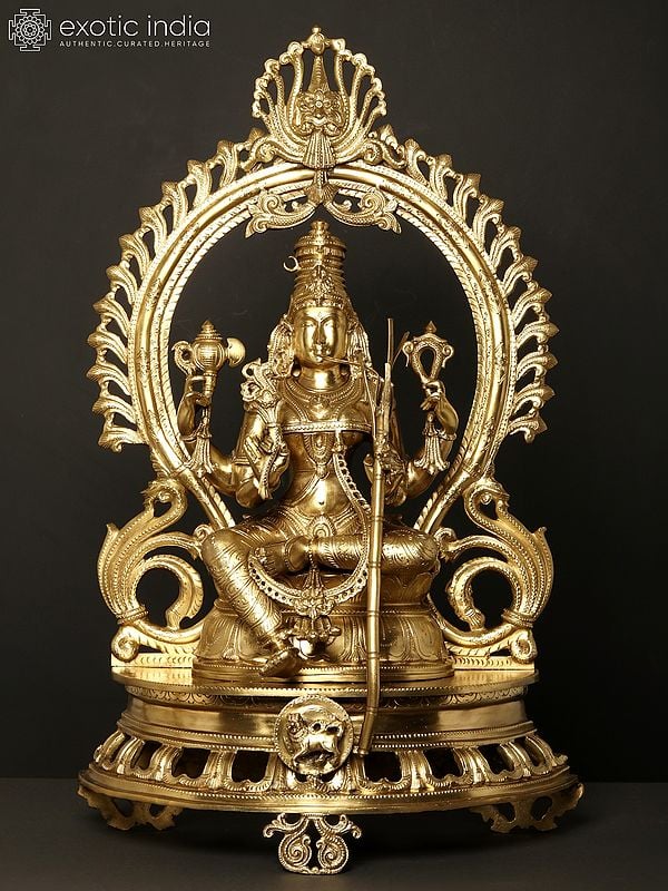 28" Goddess Rajarajeshwari (Kamakshi) Seated on Kirtimukha Throne | Hoysala Art | Bronze Statue