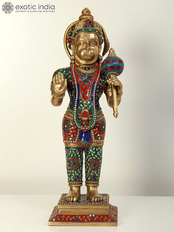 23" Standing Lord Hanuman in Blessing Gesture | Brass Statue with Inlay Work