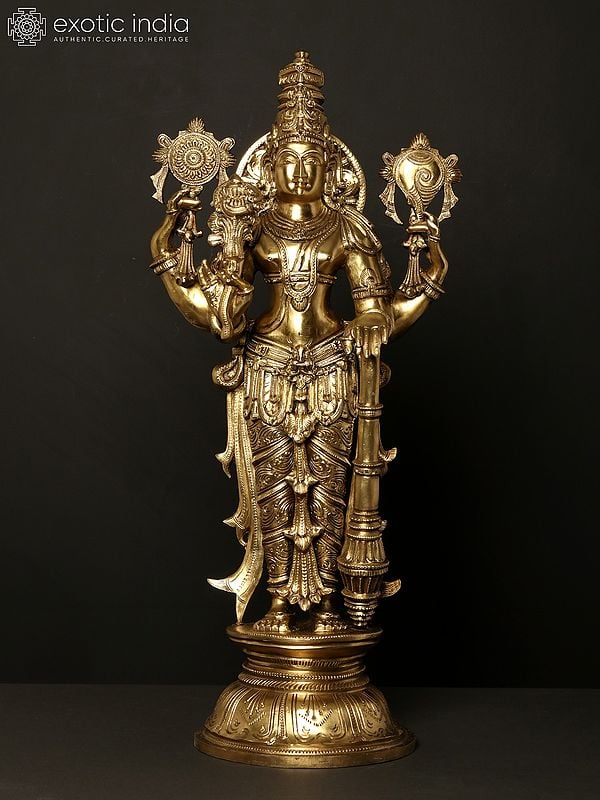 26" Four Armed Standing Lord Vishnu | Hoysala Art | Bronze Statue