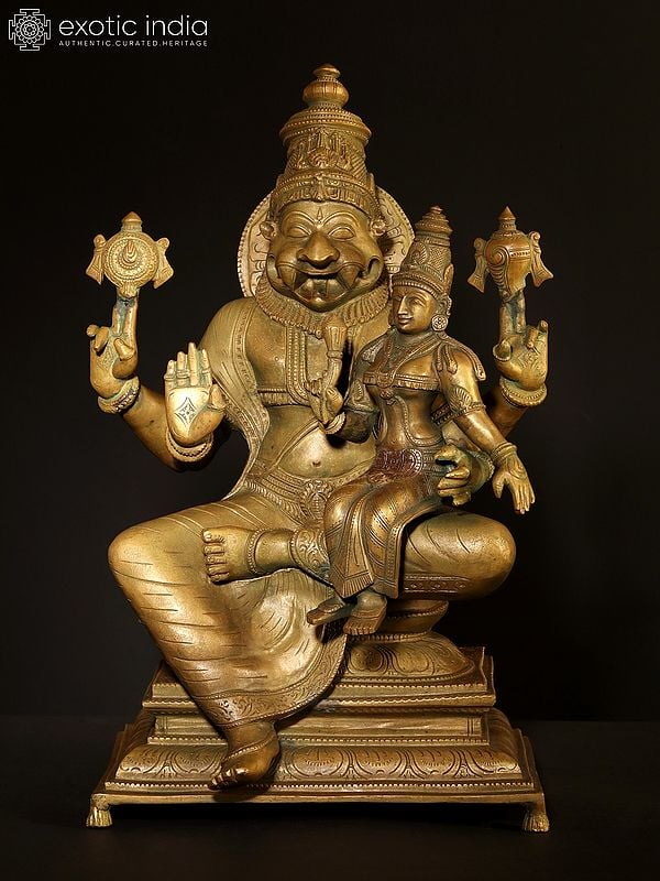 19" Lord Narasimha with Devi Lakshmi | Hoysala Bronze with Vintage Finish