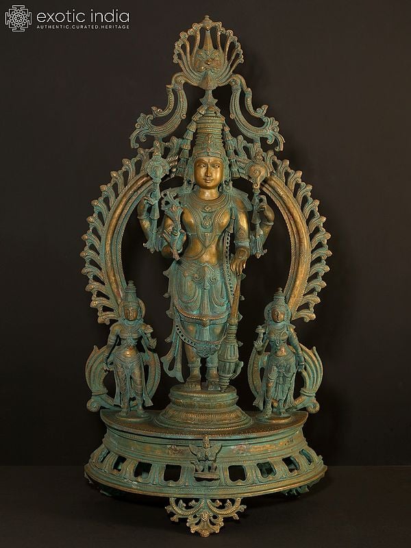 33" Large Standing Lord Vishnu Idol with Sridevi and Bhudevi | Bronze Statue