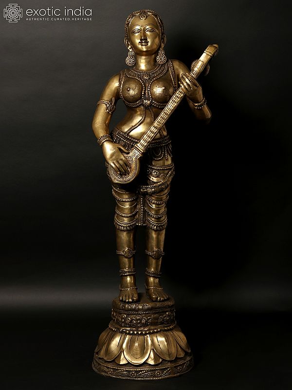 55" Large Standing Apsara Playing Veena | Brass Sculpture