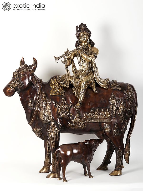 42" Large Brass Fluting Krishna Sitting On Cow