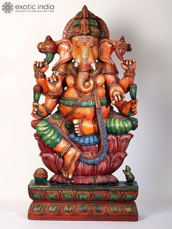 35" Large Wood Attractive Six Hands Ganesha Idol