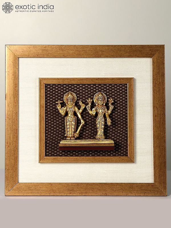 15" Brass Lakshmi Narayana Idol in Wooden Framed | Wall Hanging Decor