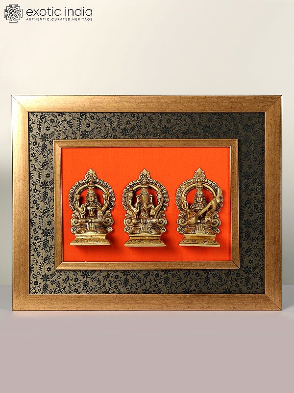 19" Brass Lakshmi Ganesha Saraswati | Wood Wall Hanging Frame