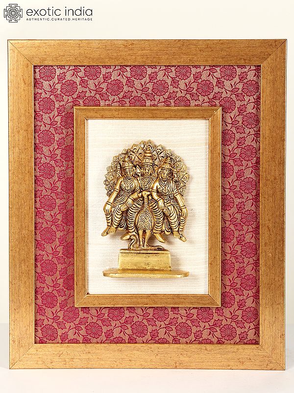 15" Lord Murugan Brass Idol with Valli Deivanai in Wood Framed | Framed Wall Sculpture