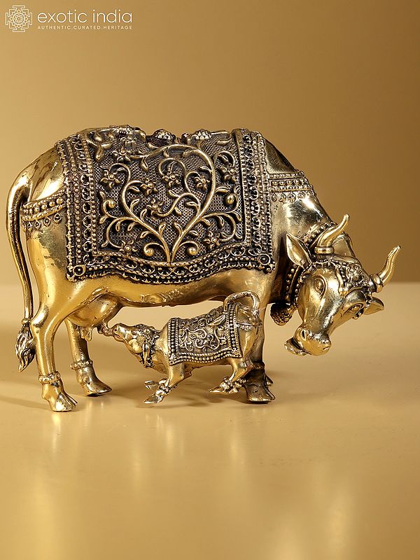 5" Brass Superfine Statue Of Kamdhenu Cow With Calf