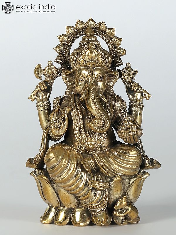 Small Chaturbhuja Lord Ganesha Brass Idol Seated on Lotus