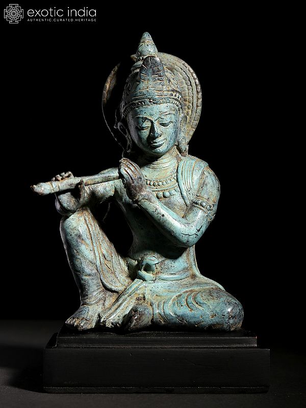 6" Small Brass Murli Manohar Idol Krishna Seated on Wood Base