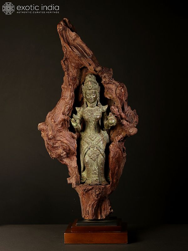 28" Tibetan Buddhist Goddess Guanyin | Brass Statue on Wood Base