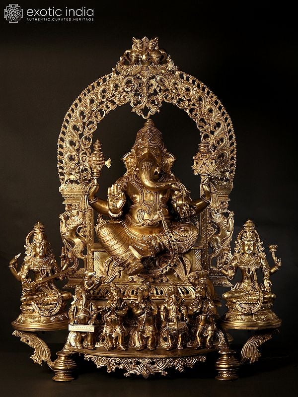 37" Bronze Idol of Superfine Siddhi Vinayak Ganesha with Devi Saraswati and Lakshmi