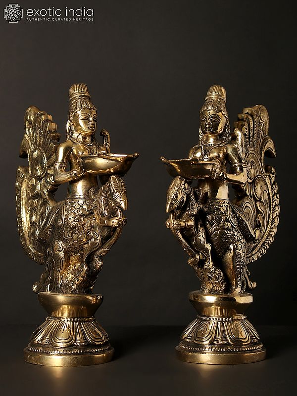 10" Pair of Gandharvas Lamps in Brass