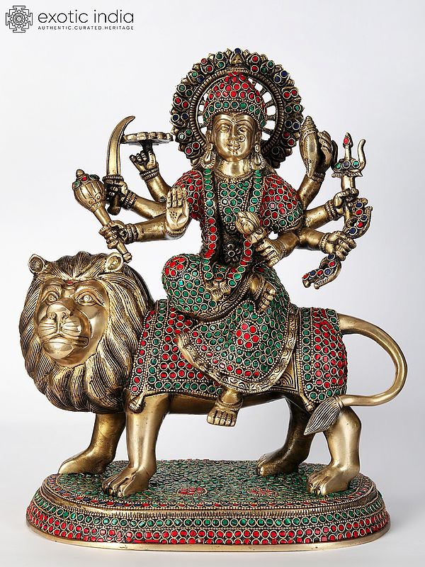 14" Brass Idol of Goddess Durga Seated on Lion | With Inlay Work