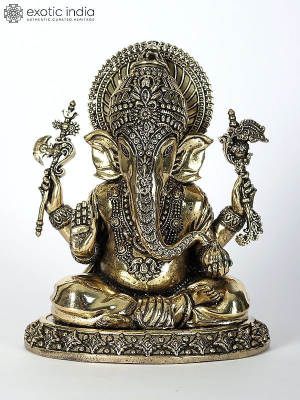 6" Small Superfine Brass Idol of Lord Ganesha Holding Modak