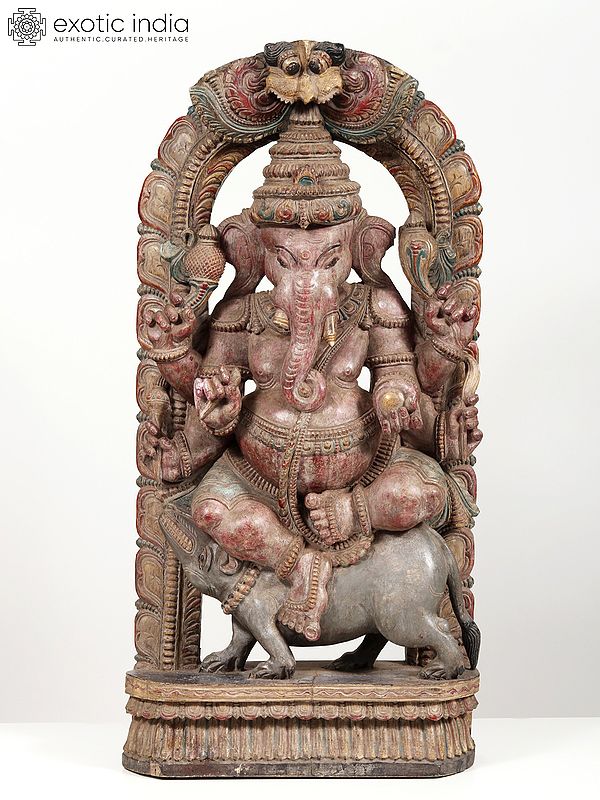 36" Large Six-Armed Lord Ganesha Seated on Mushak | Wall Hanging Statue