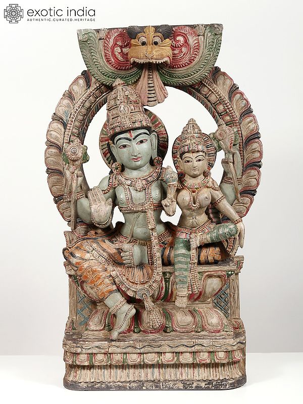 36" Lord Vishnu With Goddess Lakshmi | Wood Statue and Wall Hanging