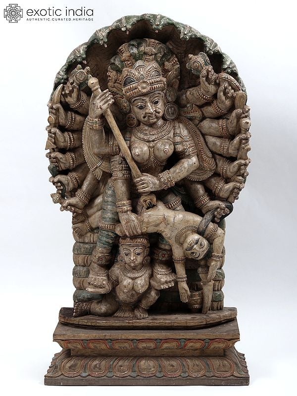 48" Large Sixteen Hands Goddess Kali Idol | Wood Carved Statue