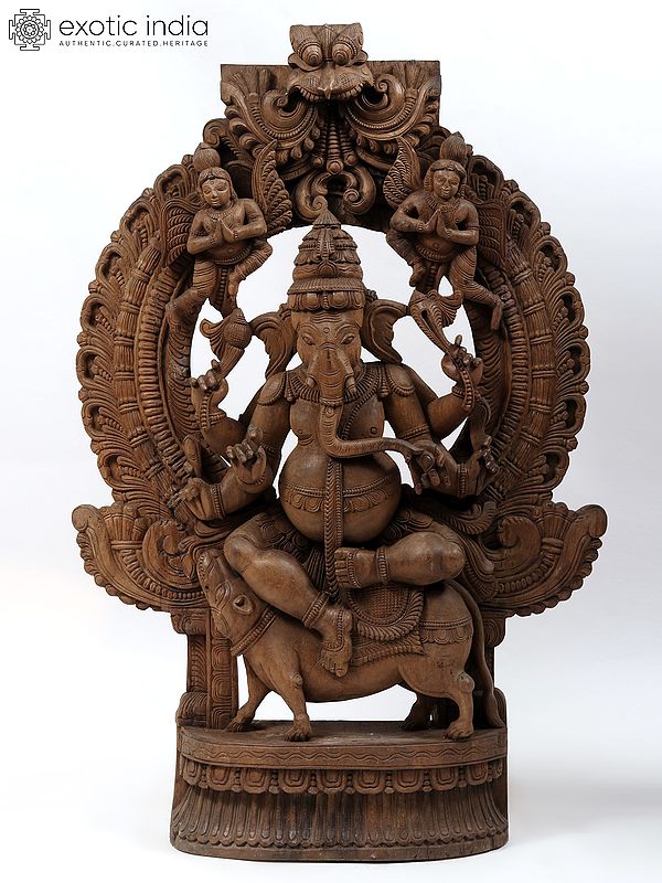 48" Lord Ganesha Seated on Rat with Kirtimukha Throne | Wood Carved Statue