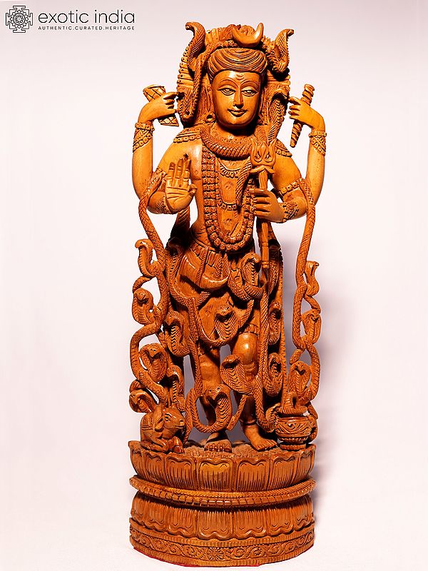 12" Wood Chaturbhuja Lord Shiva Idol With Many Snake