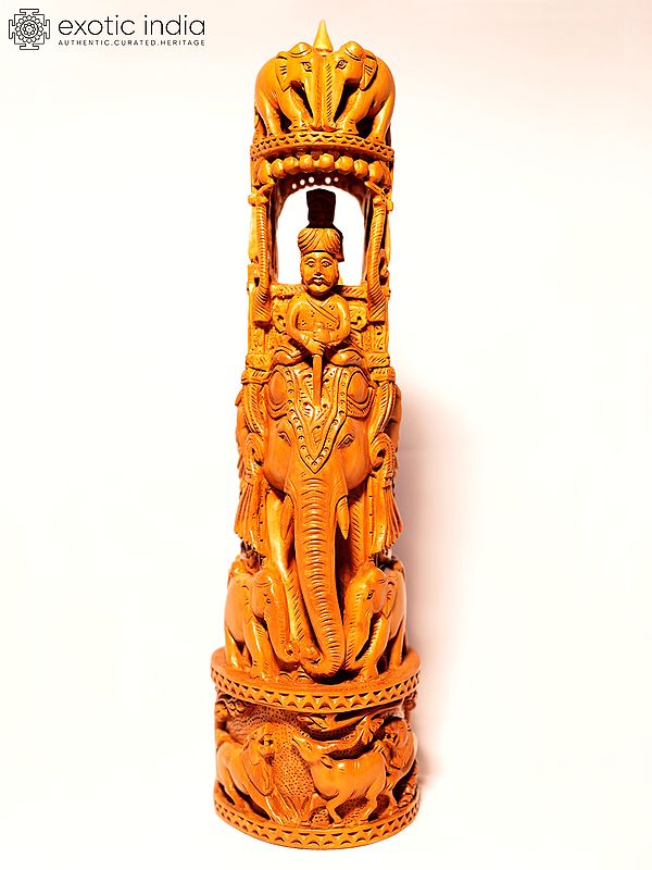 12" Beautiful Wood Idol Of Ambari Elephant Ride With Hand Carving