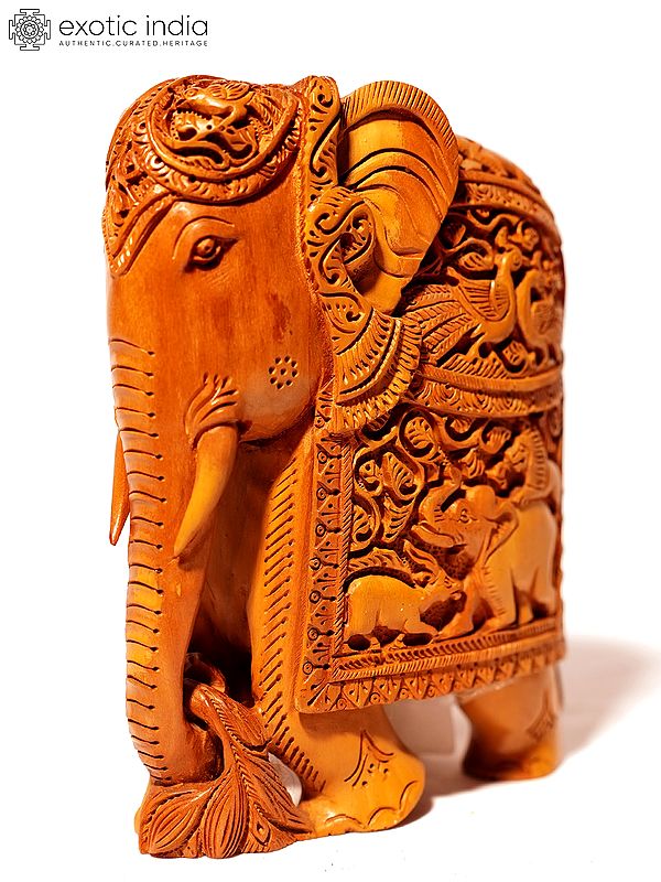 6" Royal Elephant Holding A Branch | Wood Statue With Hand Carving