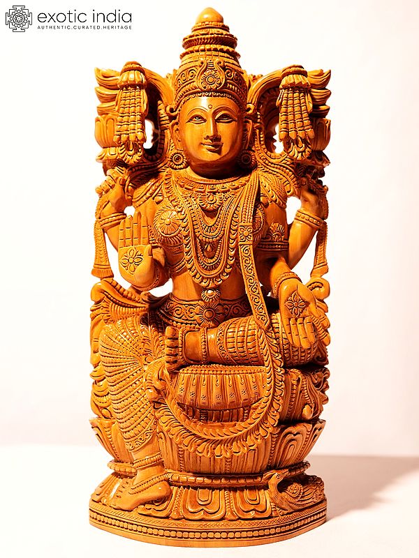 12" Blessing Goddess Lakshmi On Lotus | With Wood Carving