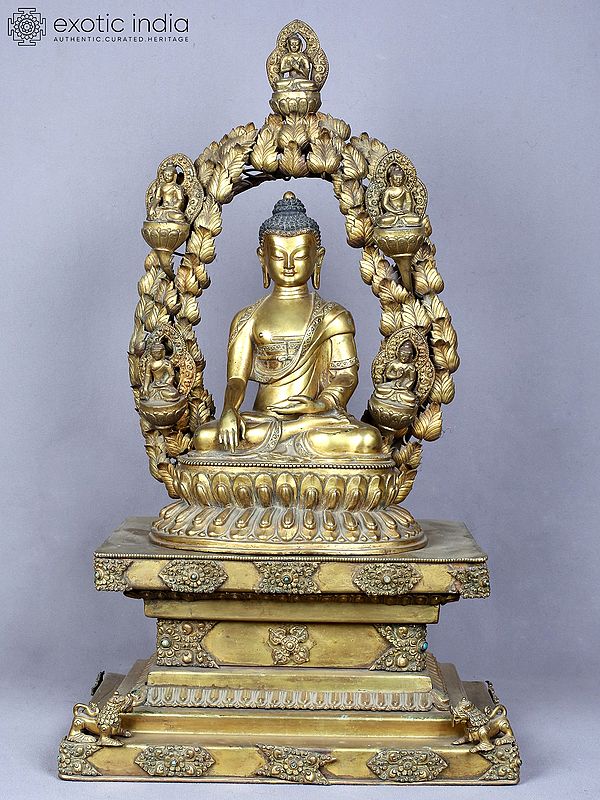 23" Shakyamuni Buddha Seated on Throne with Pancha Buddha | Copper Statue Gilded with Gold | From Nepal