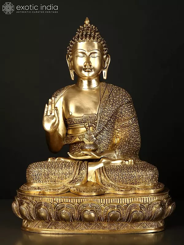 21" Fine Quality Blessing Buddha Wearing Fully Carved Robe | Brass Statue