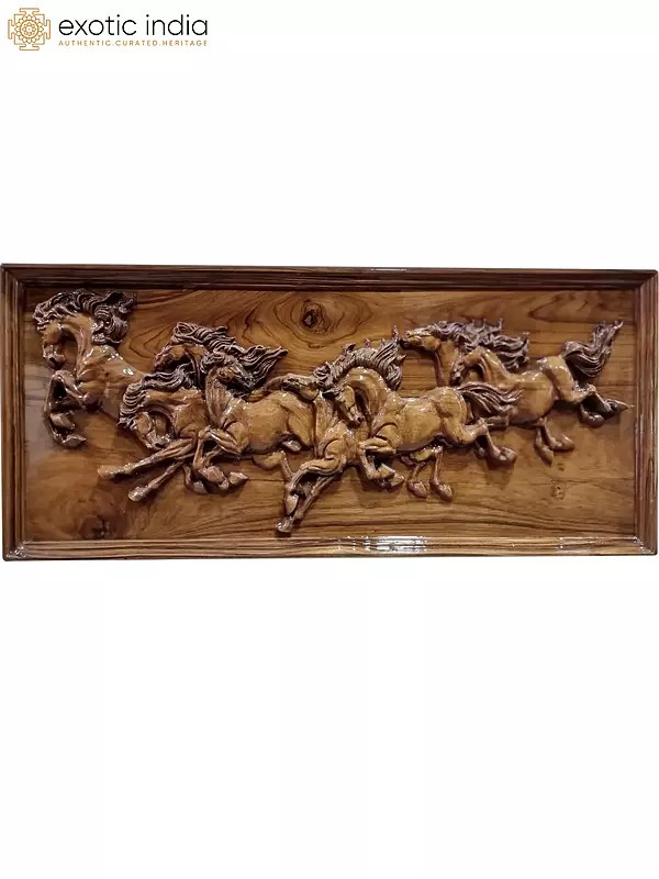 36" Wooden Running Horses Wall Panel | Teak Wood Panel