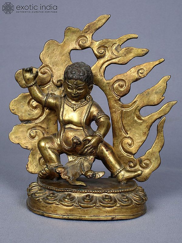 7" Tibetan Buddhist Deity Vajrapani Idol from Nepal | Copper Statue Gilded with Gold