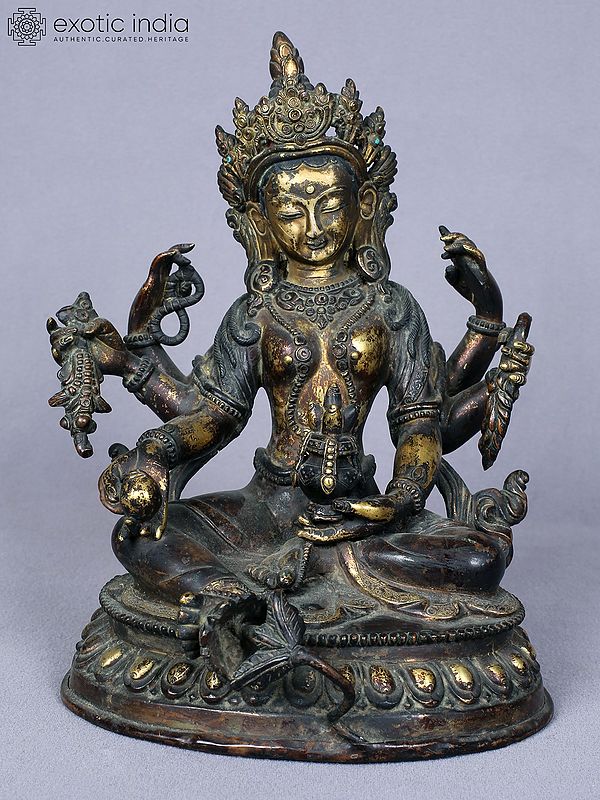 8" Goddess Vasudhara Copper Statue Gilded with Gold | From Nepal