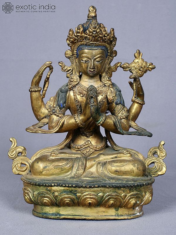 9" Four Armed Avalokiteshvara (Chenrezig) | Copper Statue Gilded with Gold | From Nepal