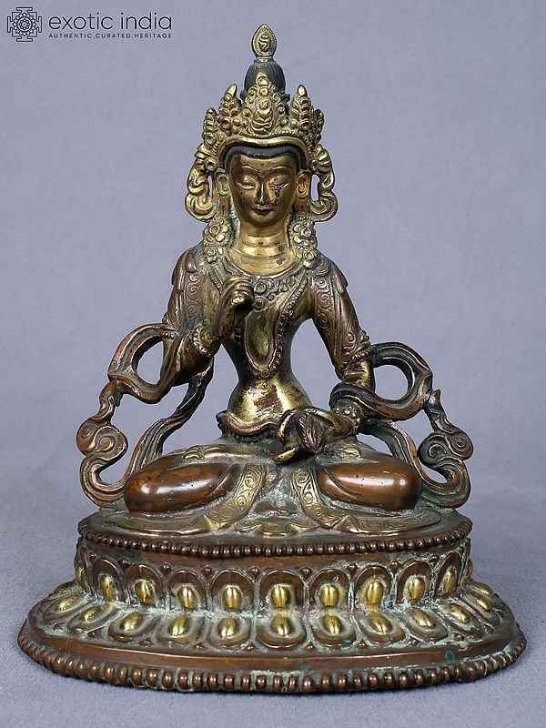 7" Tibetan Buddhist Deity Vajrasattva | Copper Statue Gilded with Gold | From Nepal