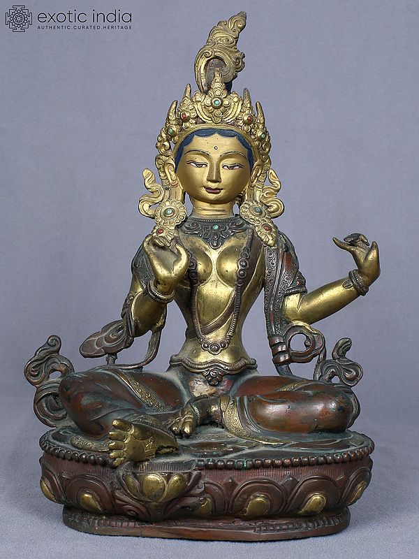 8" Buddhist Deity Green Tara Idol from Nepal | Copper Statue Gilded with Gold